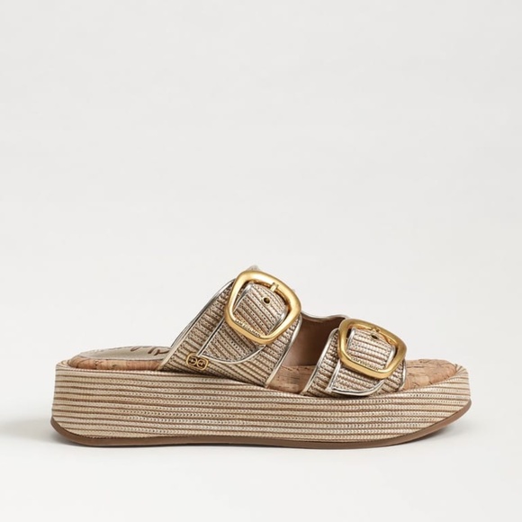 new Sam Edelman Nerissa Platform Summer Slide Sandals Raffia Gold Buckle Sz 8.5 - Picture 4 of 8